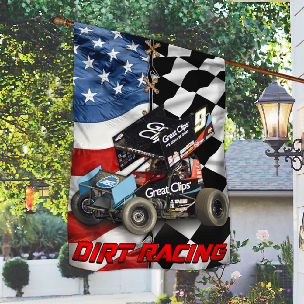 Sprint Car Dirt Track Racing Checked and American Flag