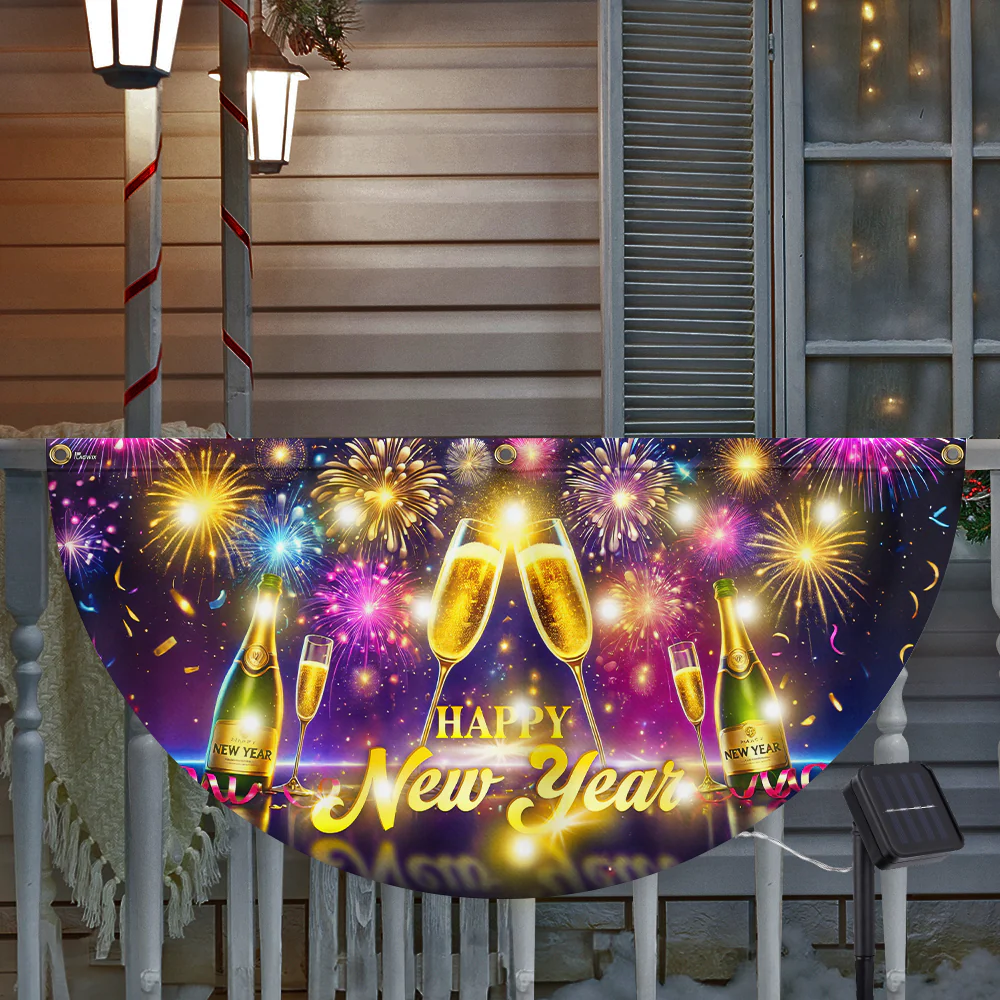 Happy New Year Firework Champagne Solar Led Fan Flag