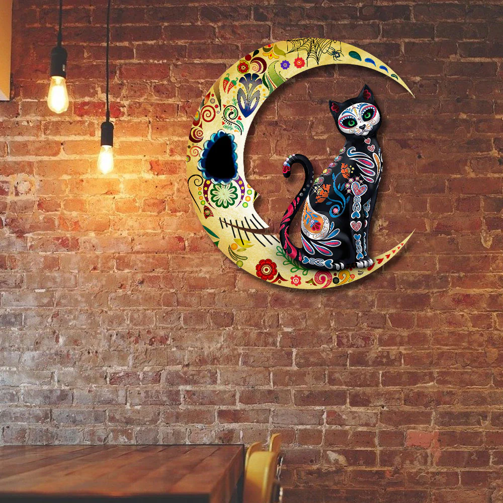 Cat On The Moon Sugar Skull Hanging Metal Sign