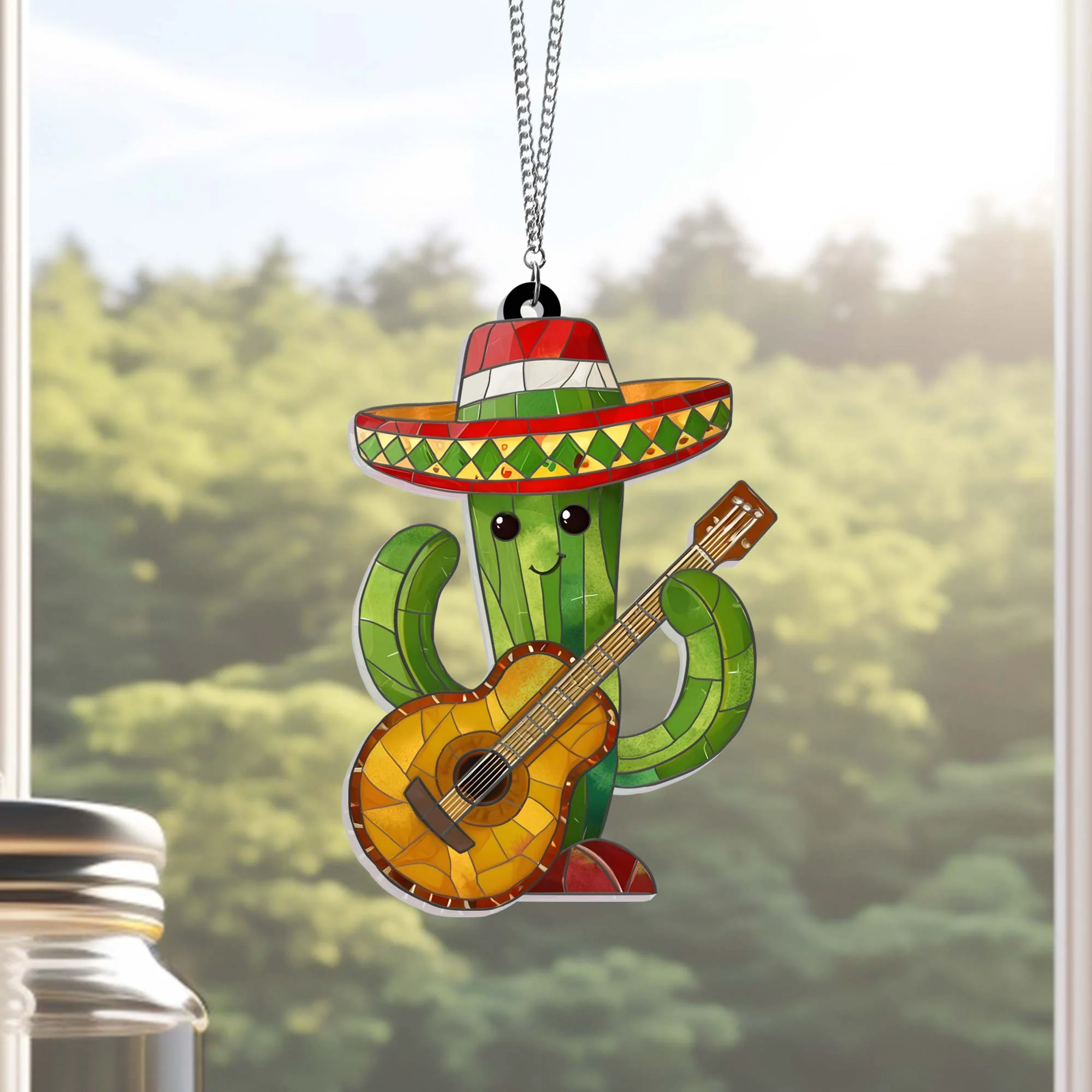 Cinco De Mayo Cactus Wearing Sombrero Guitar Suncatcher Mexican Holiday Acrylic Hanging Sign