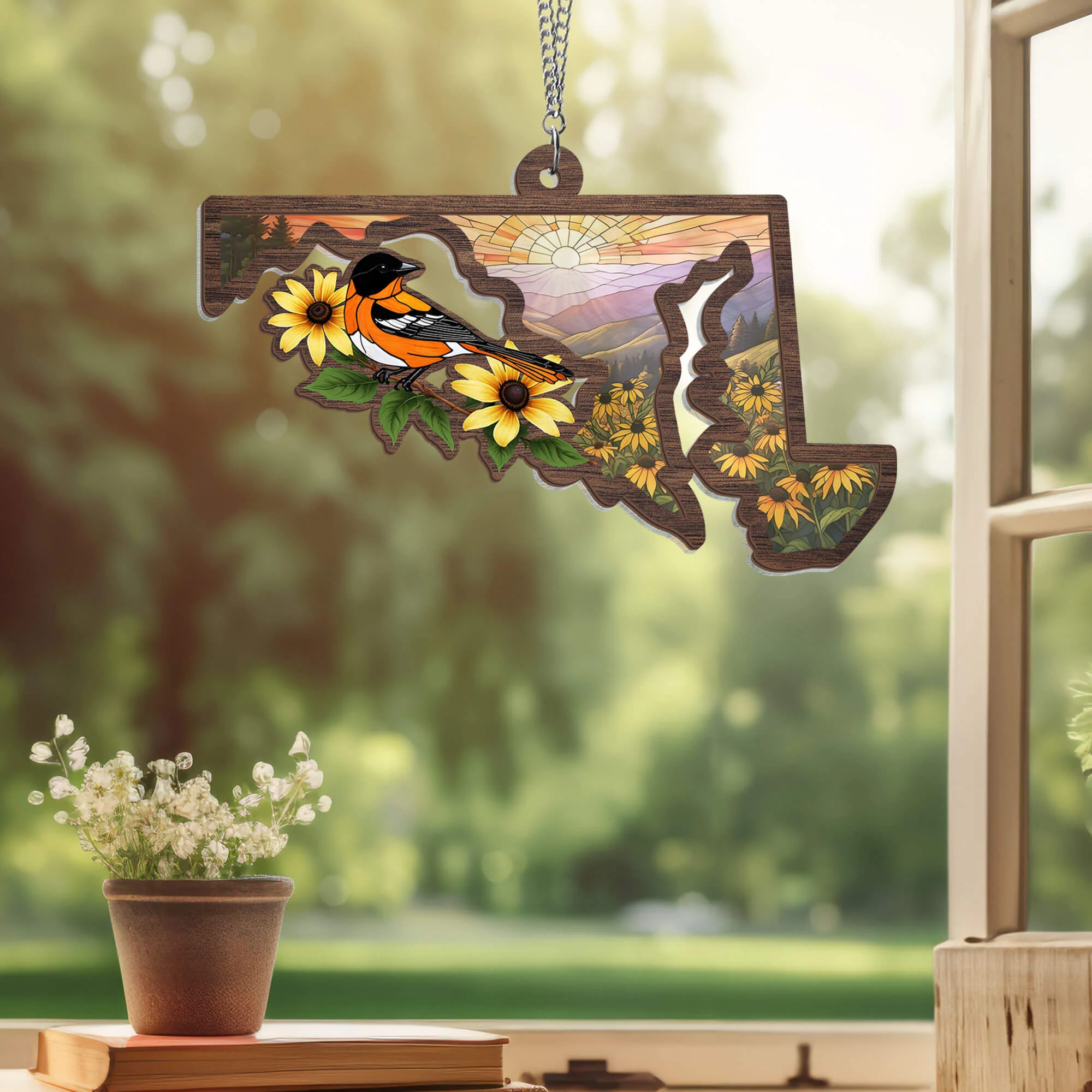 Maryland Black-eyed Susan Flower and Baltimore Oriole Bird Maryland 2 Layered Hanging Suncatcher 3-Day Shipping