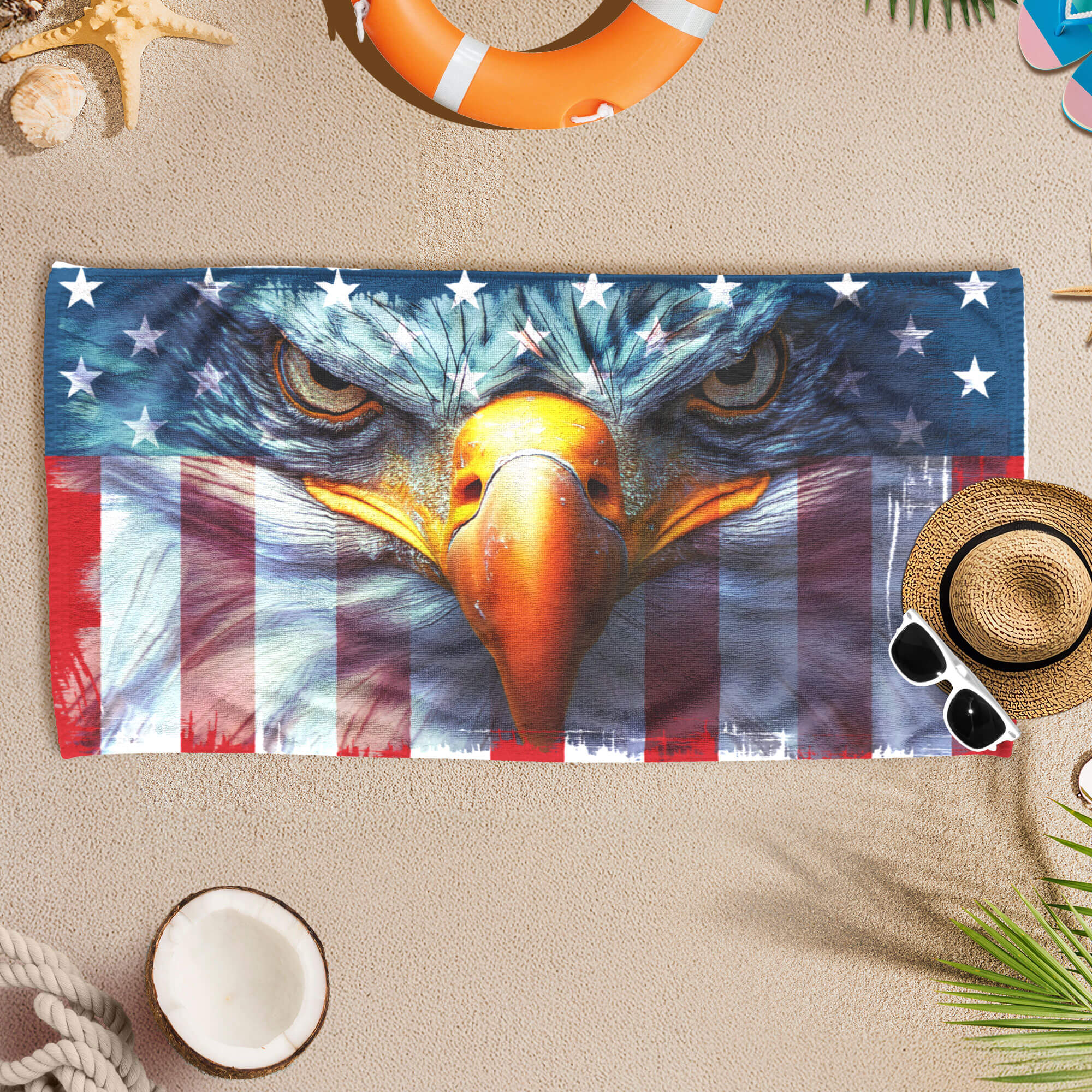 America Flag, Patriotic Eagle American Beach Towel
