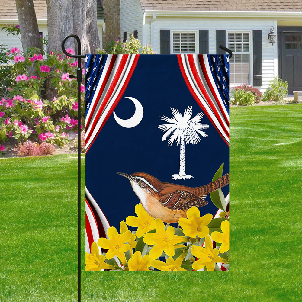 South Carolina With Carolina Wren Bird and Yellow Jessamine Flower, South Carolina Flag