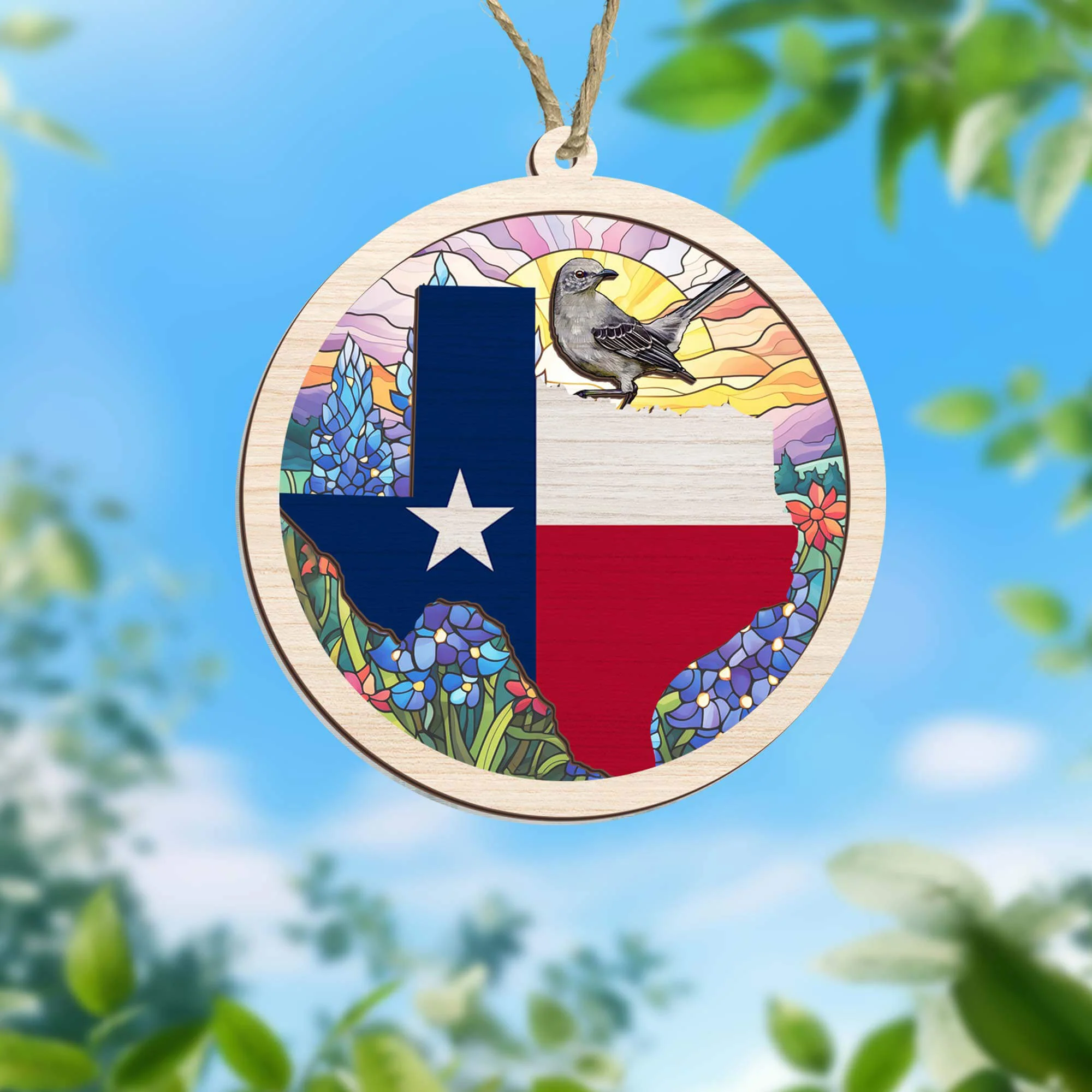 Christmas Ornament, Texas with Northern Mockingbird and Bluebonnet, Texas Suncatcher