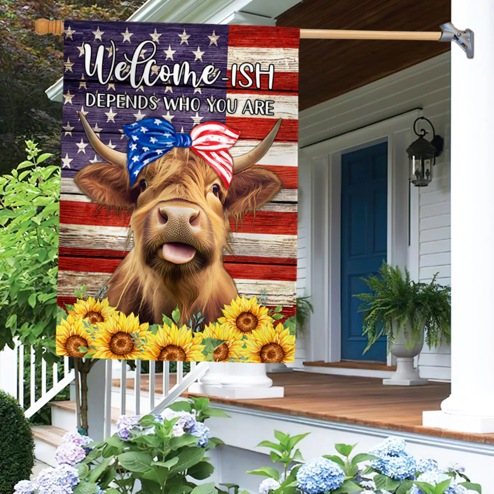 Sunflower Highland Cow Welcome American Flag