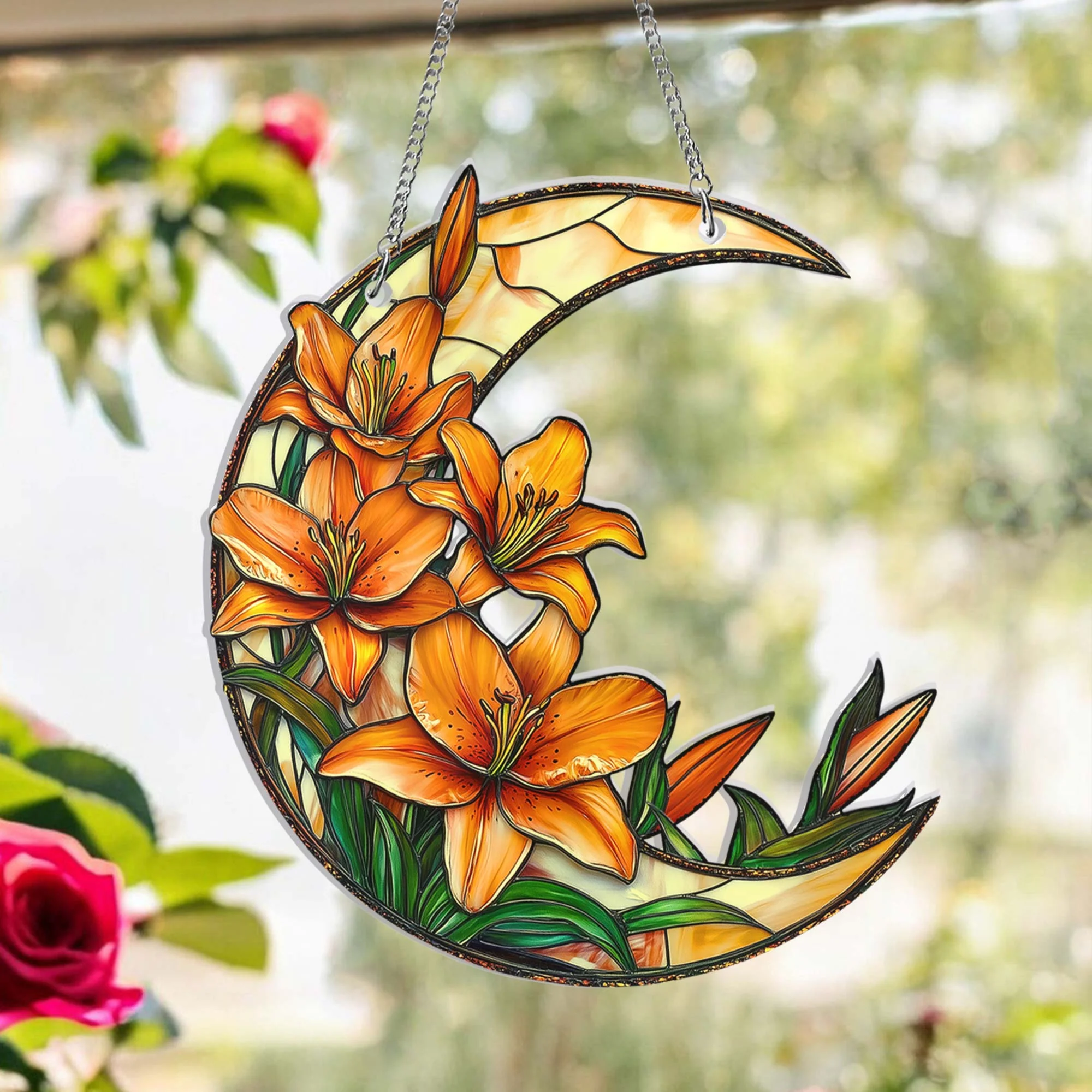 Lily Flower Acrylic Suncatcher, Crescent Moon with Lilies Suncatcher Window Hangings