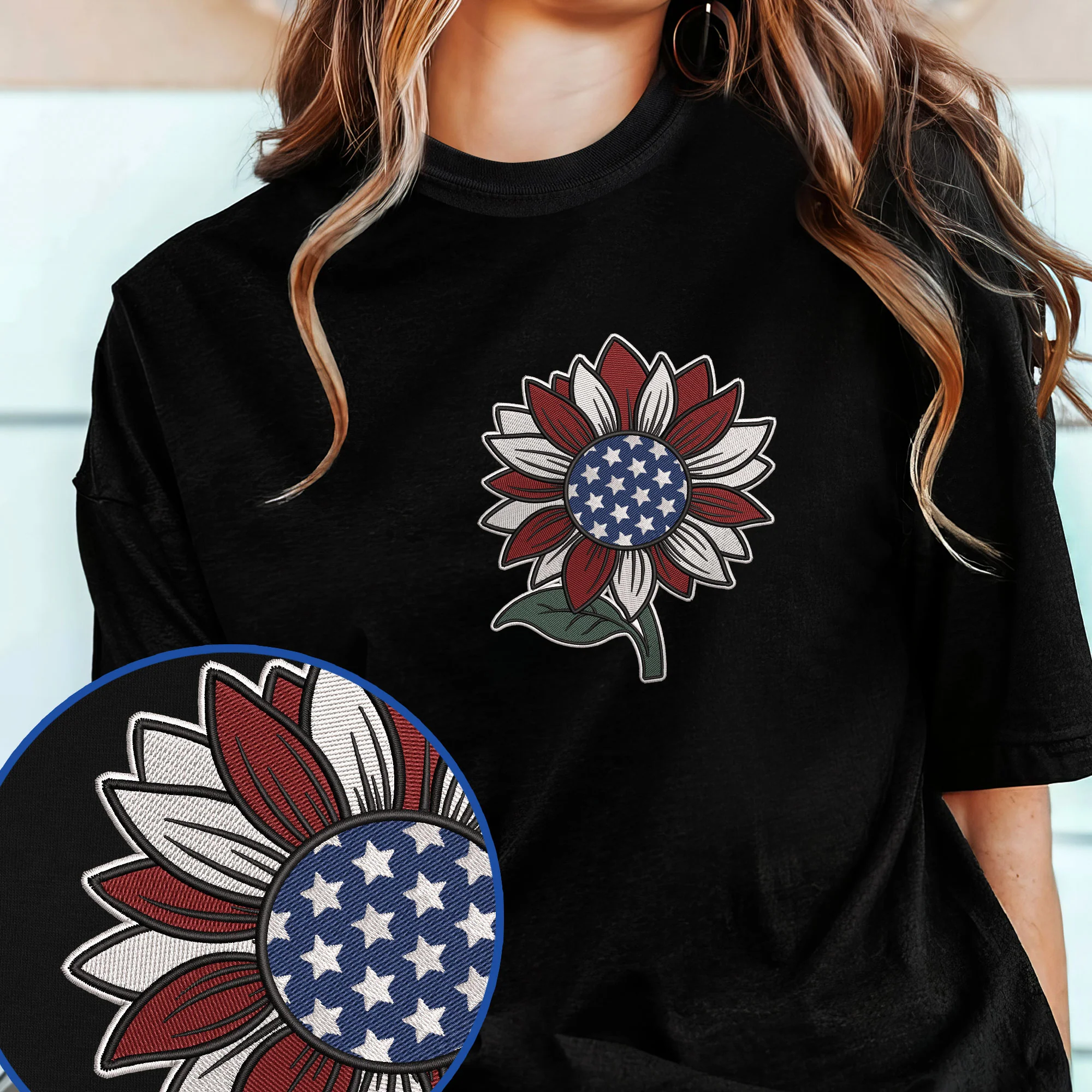 America Sunflower 4th Of july Independence Day Embroidered T-Shirt