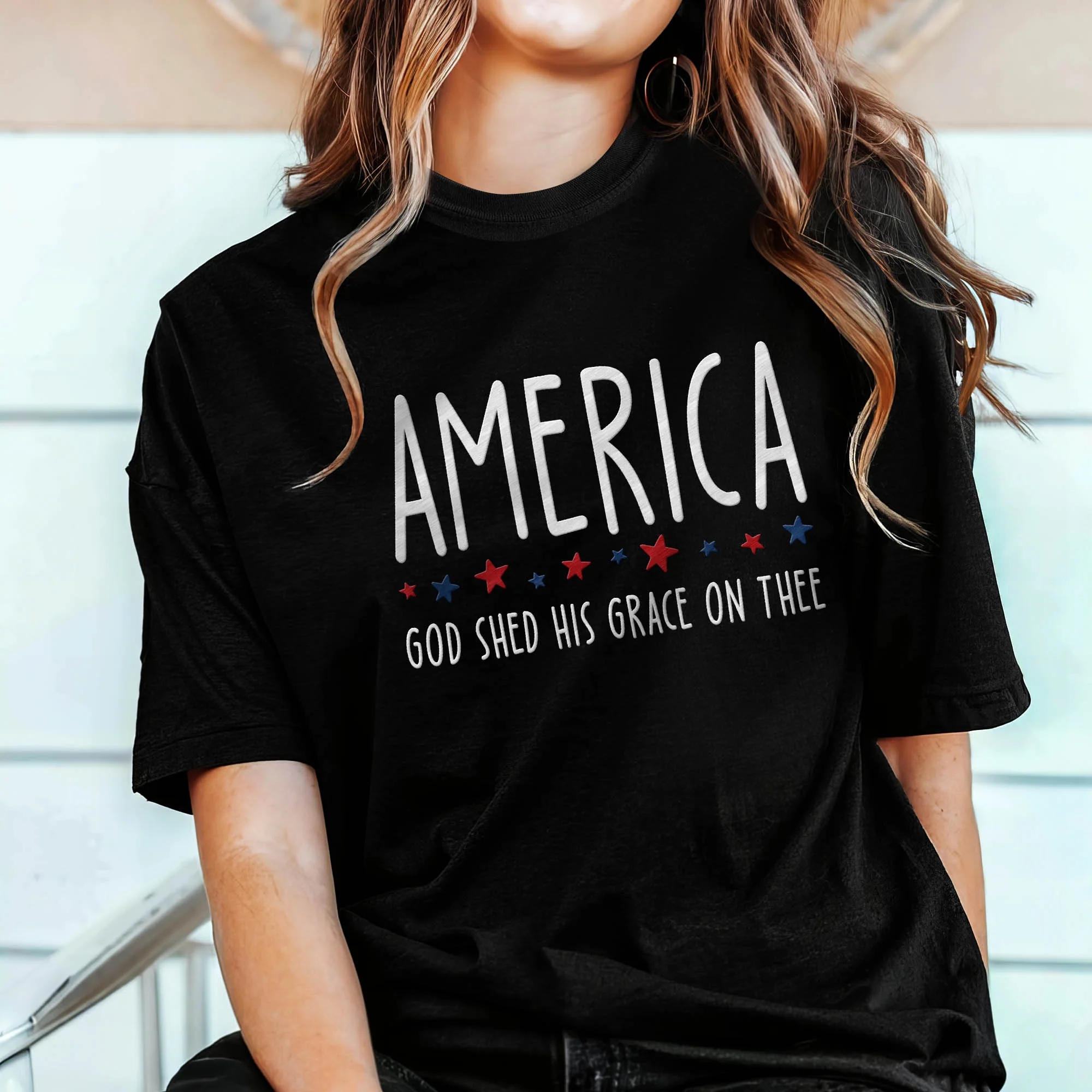 America God Shed His Grace On Thee Embroidered T-Shirt