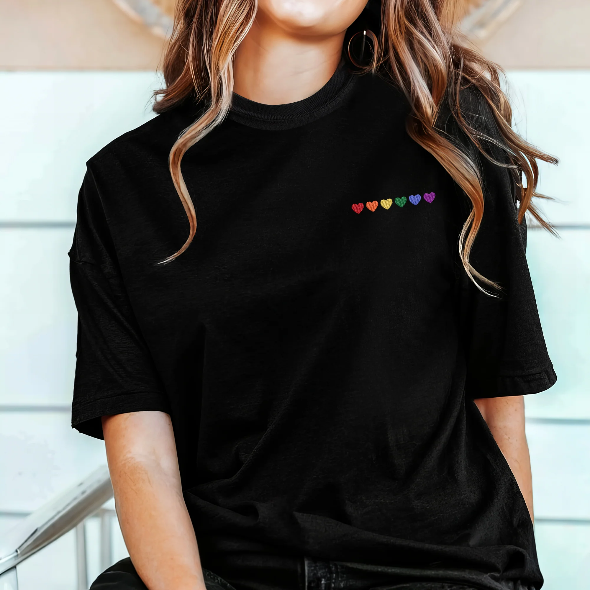LGBT Pride Rainbow Heart Love Is Love Embroidered T-Shirt