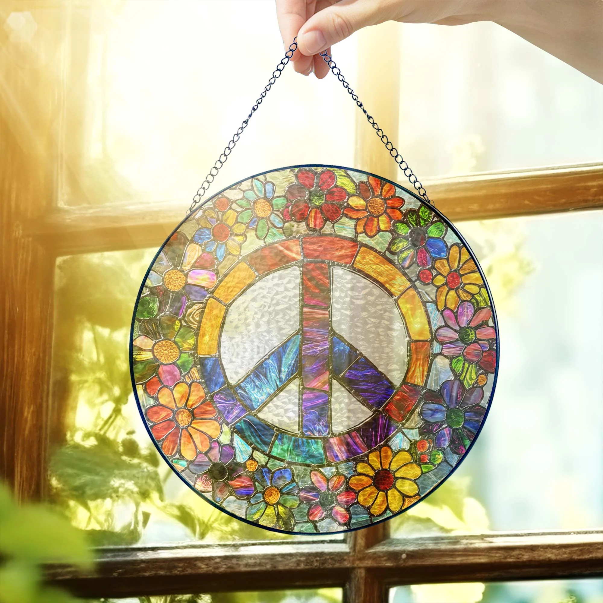 Woodstock Hippie Suncatcher, Peace Sign Hippie Stained Glass Decor