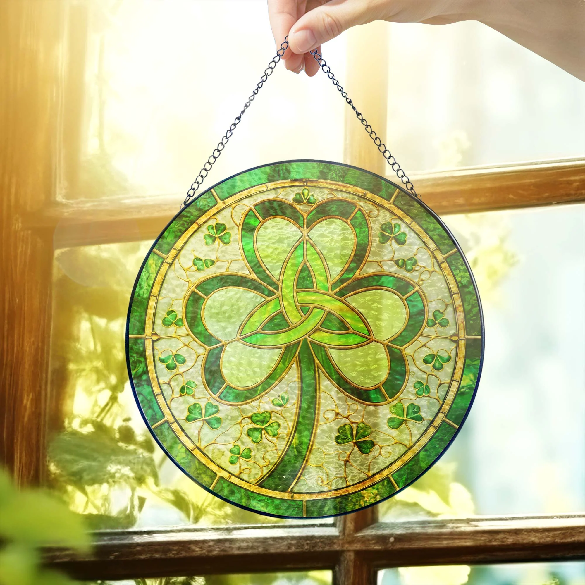 Irish Celtic Knot Shamrock Stained Glass Suncatcher for St. Patrick’s