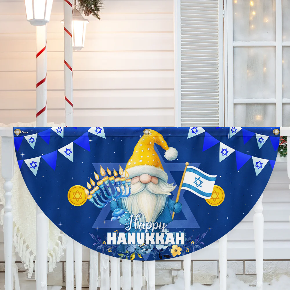Happy Hanukkah Gnome Fan Flag - Non-Pleated Jewish Holiday Décor  - 3-Day Shipping
