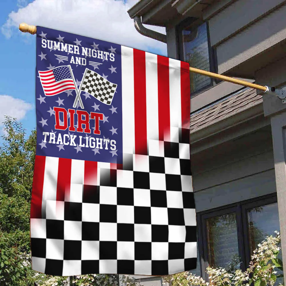 Dirt Track Racing Checkered Racing American Flag Summer Nights and Dirt Track Lights Flag