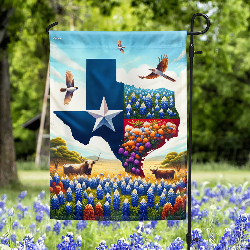 Bimipi Texas Longhorn And Bluebonnet Flag