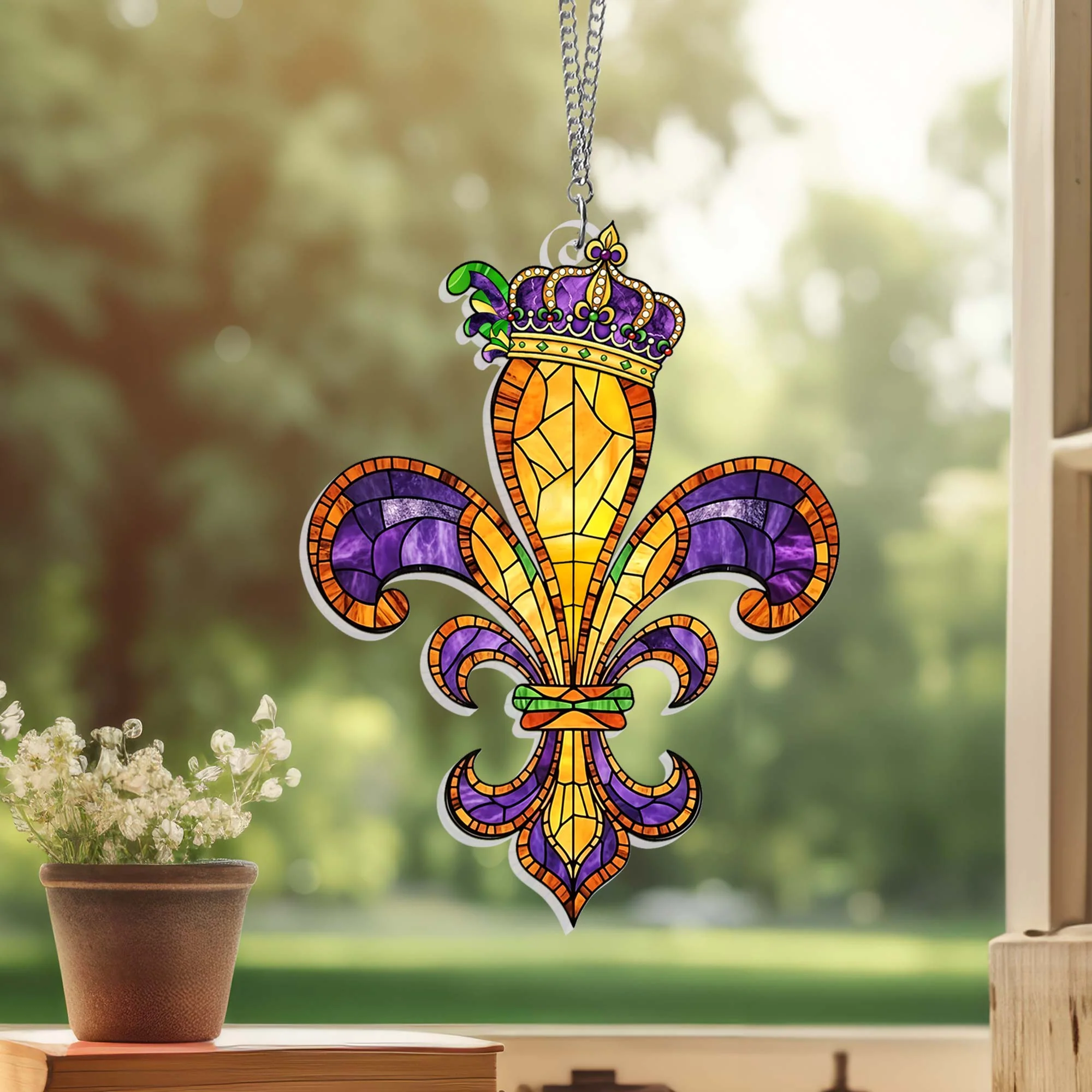 Louisiana Fleur De Lis Suncatcher, Happy Mardi Gras Window Hanging Decor