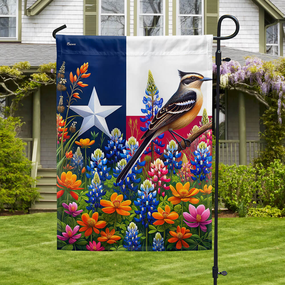 Bimipi Spring in Texas with Native Bird and Bluebonnets and Texas Indian Paintbrushes Flag