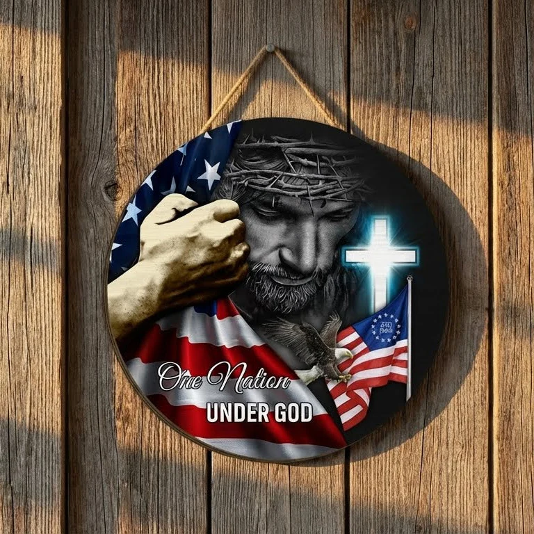 One Nation Under God 250th Anniversary Betsy Ross Round Wooden Sign