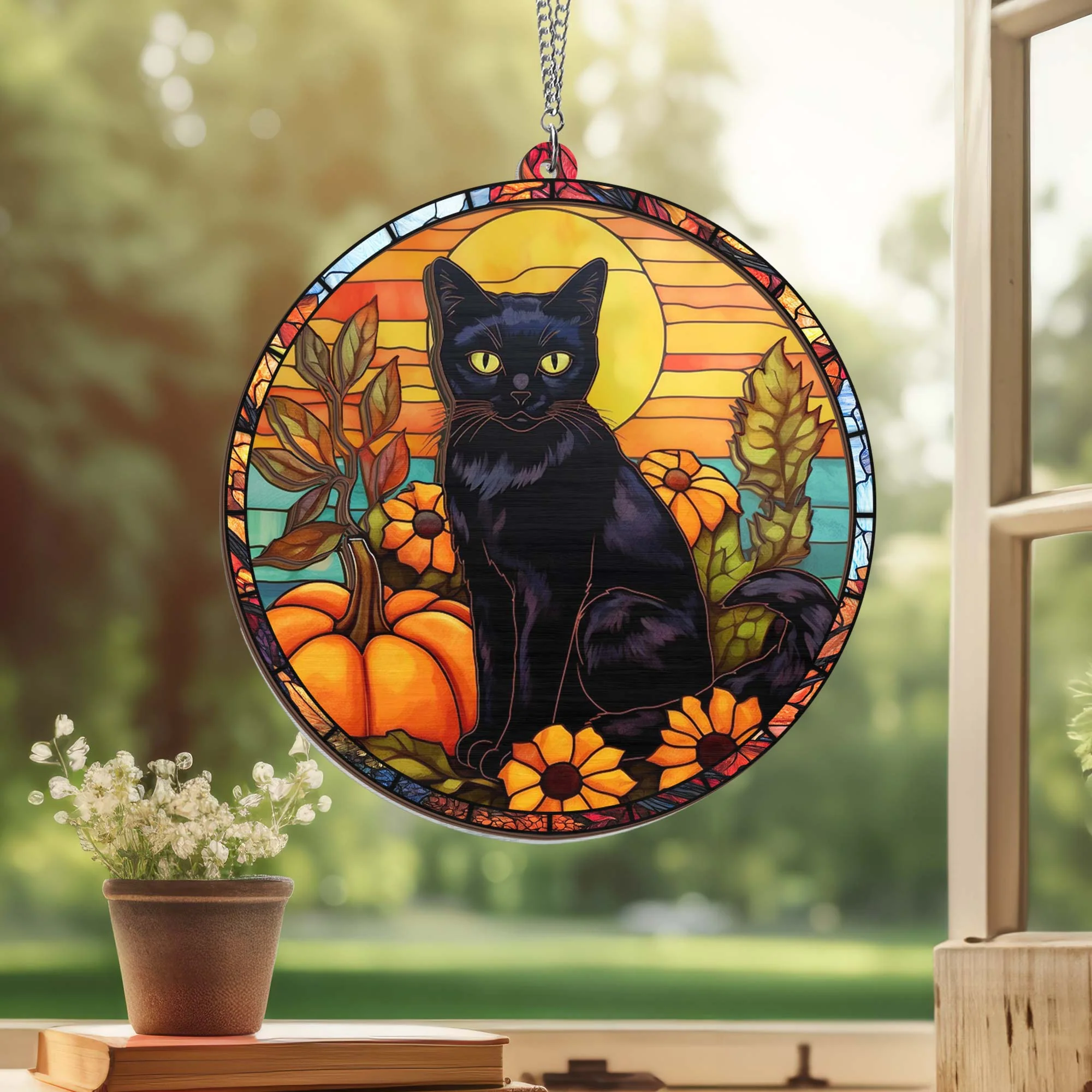 Black Cat Halloween 2 Layered Hanging Suncatcher