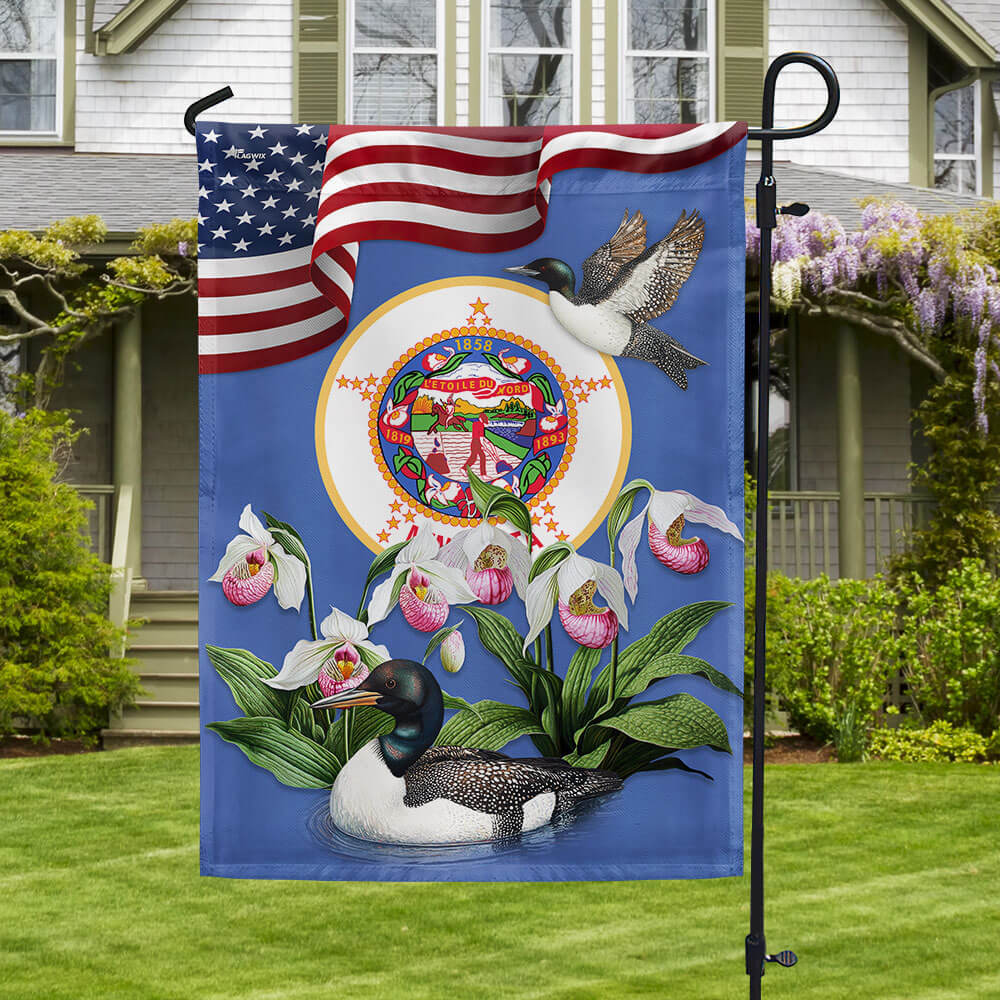 Minnesota State Lady’s Slipper Flower and Loon Minnesota Flag