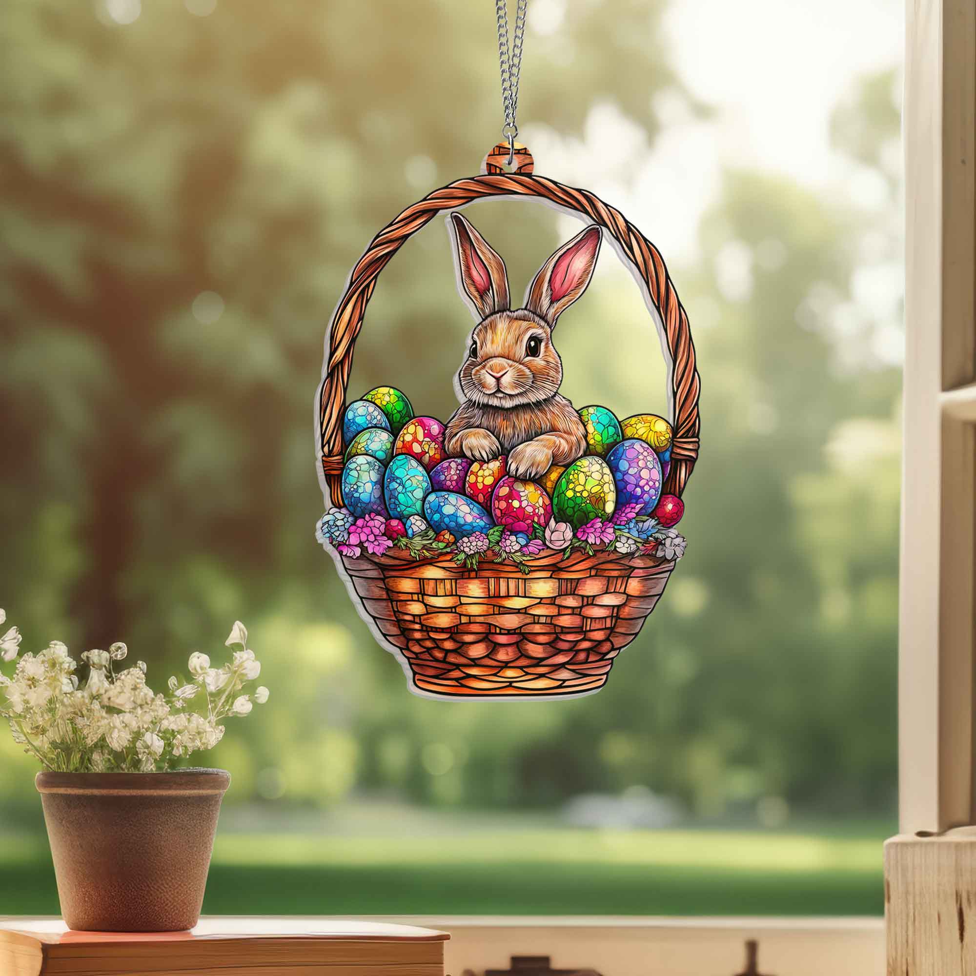 Rabbit in Egg Basket  Suncatcher Acrylic Window Hanging