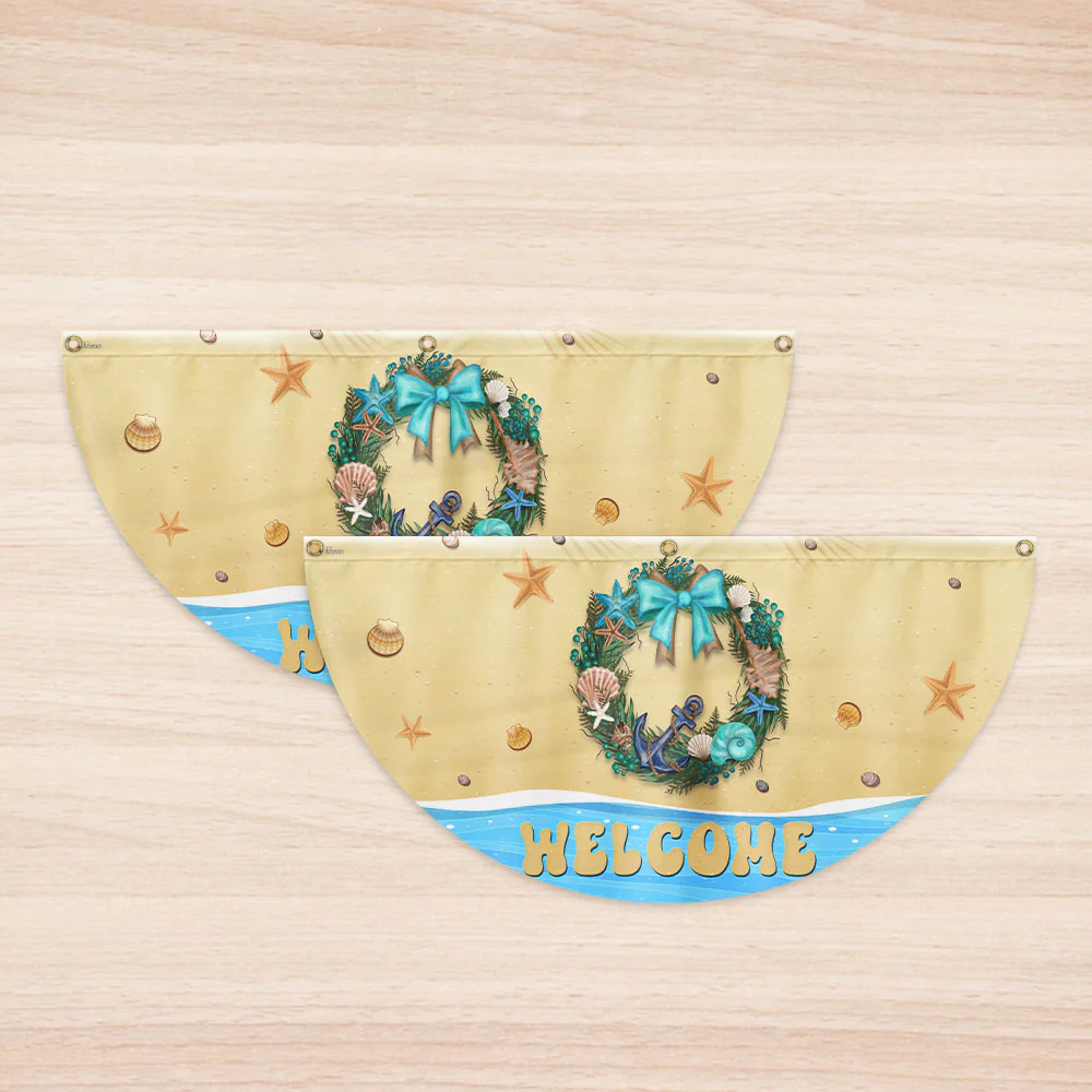Welcome Summer Flag Coastal Beach Wreath Non-Pleated Fan Flag
