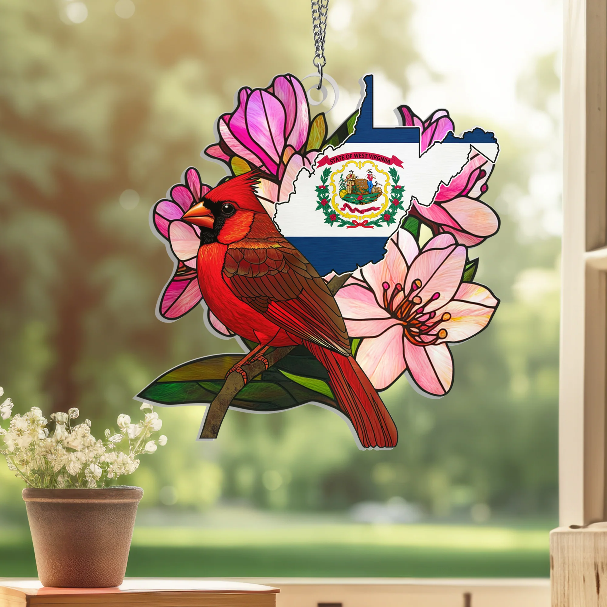West Virginia With Cardinal Bird Suncatcher Acrylic Hanging