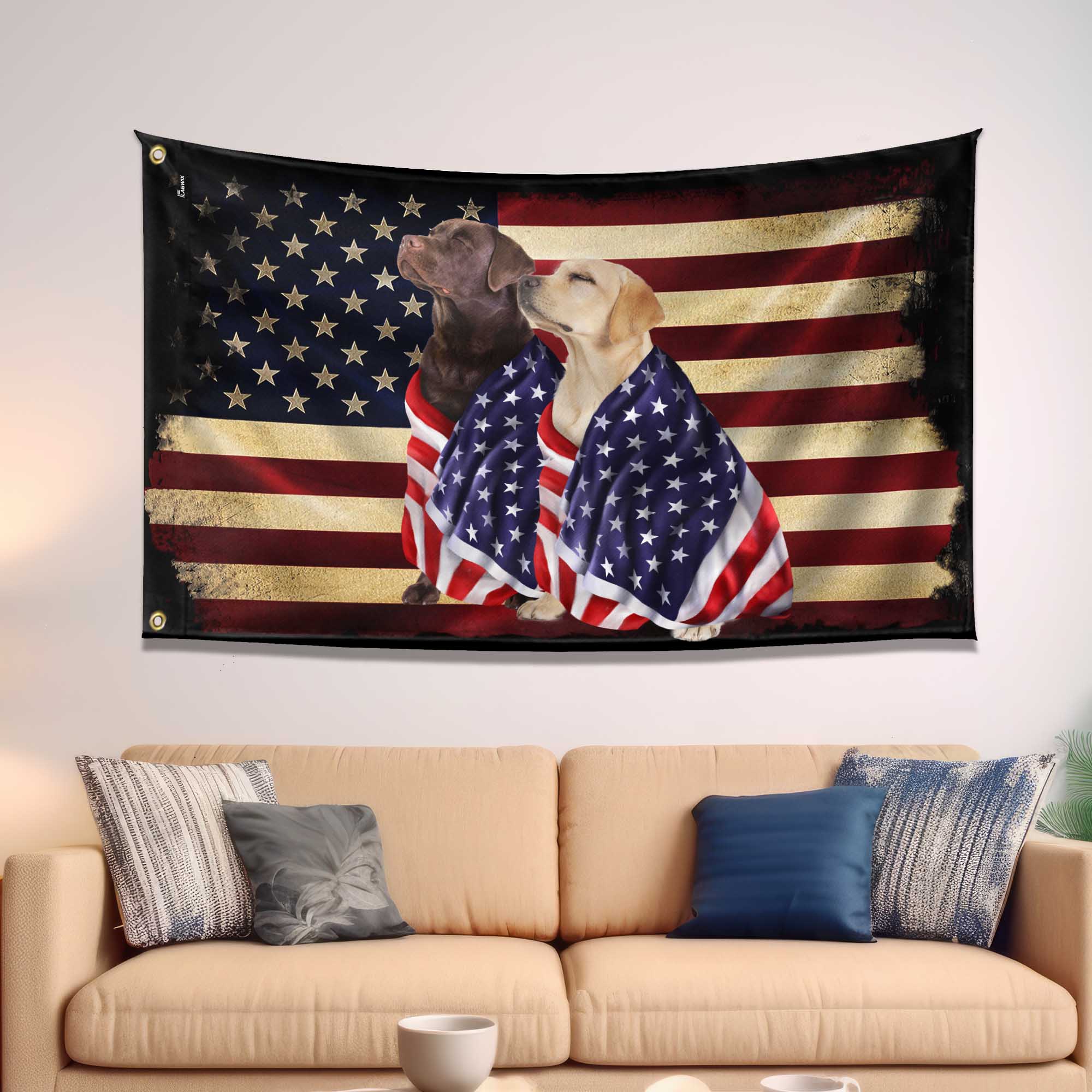Chocolate Labrador And Yellow Labrador Retrievers Patriotic American Flag Wrapped in Glory