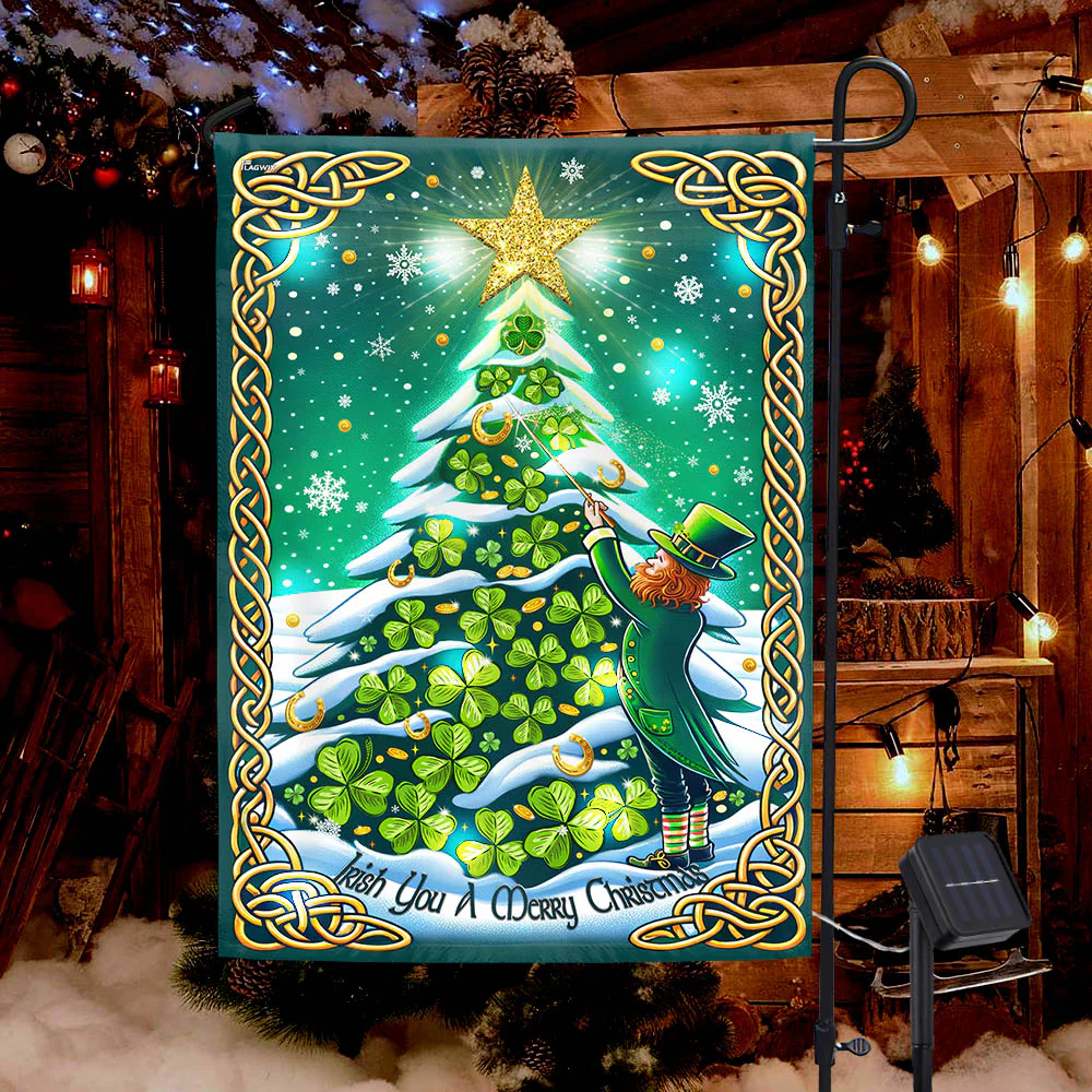 Irish Christmas Flag Leprechaun and Irish Shamrocks Christmas Tree Solar LED Garden Flag