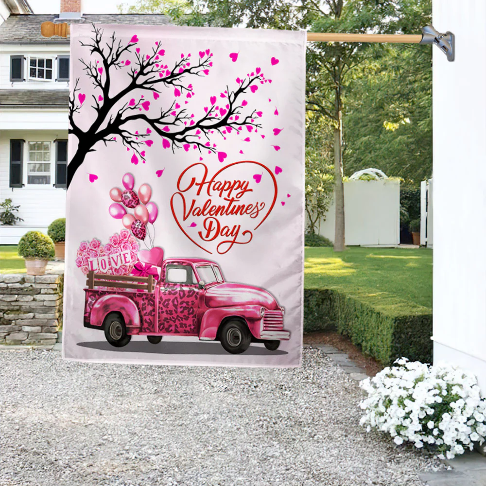 Happy Valentine's Day Flag Pink Truck Valentine Home Decor
