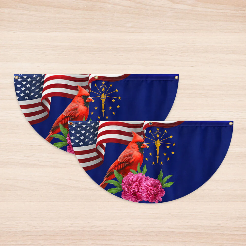 Indiana State Cardinal and Peony Flower Non-Pleated Fan Flag