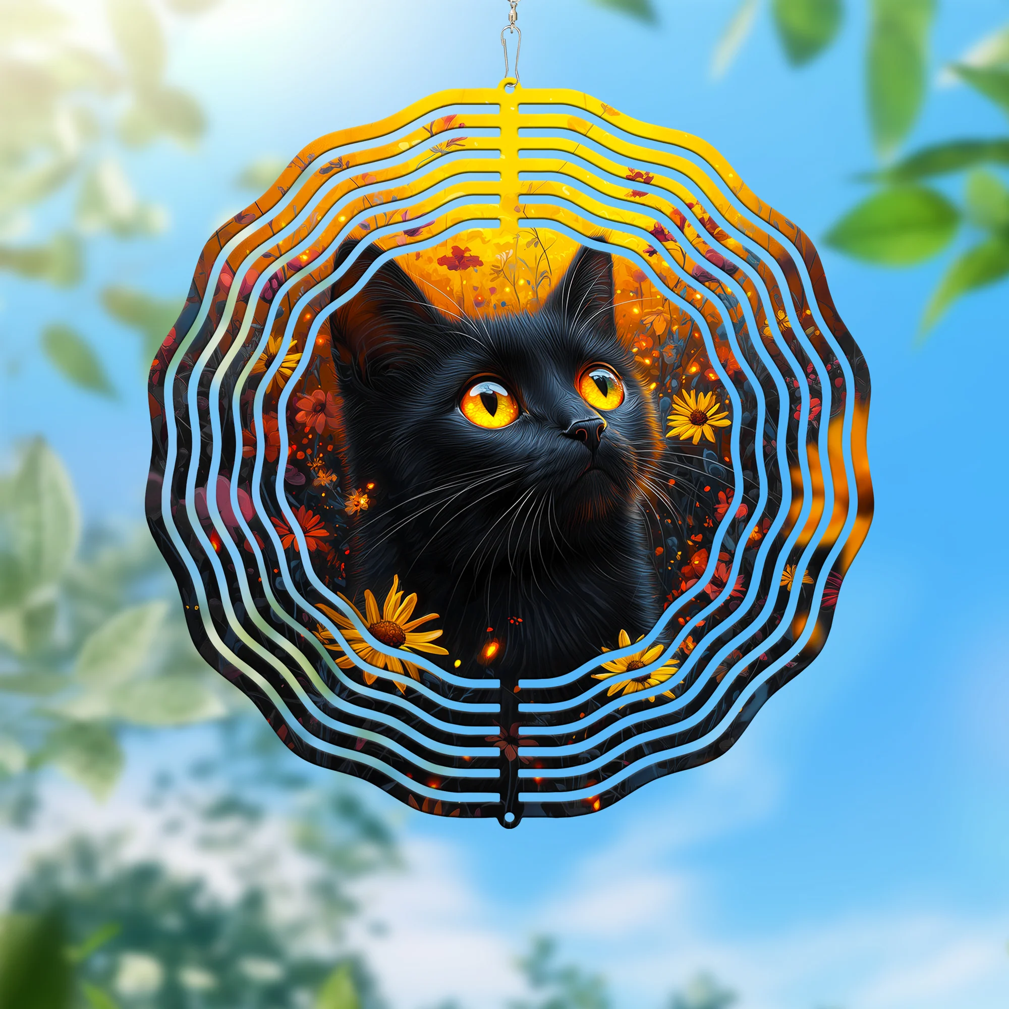 Black Cat In Flower Garden Wind Spinner