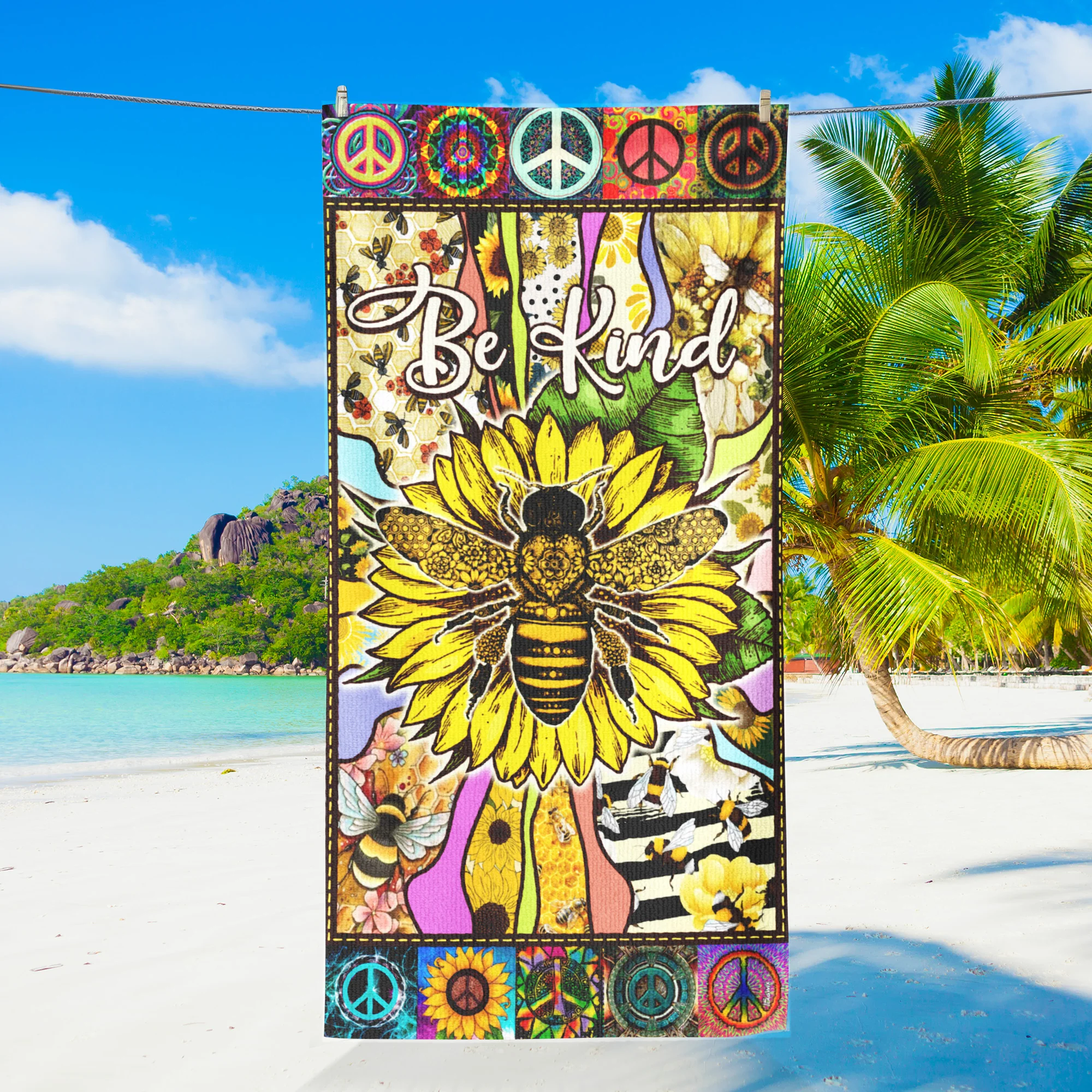 Hippie Be Kind, Bee Sunflower Peace Sign Beach Towel