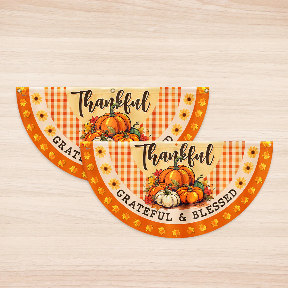 Fall Thanksgiving Pumpkins Harvest Thankful Grateful & Blessed Non-Pleated Fan Flag