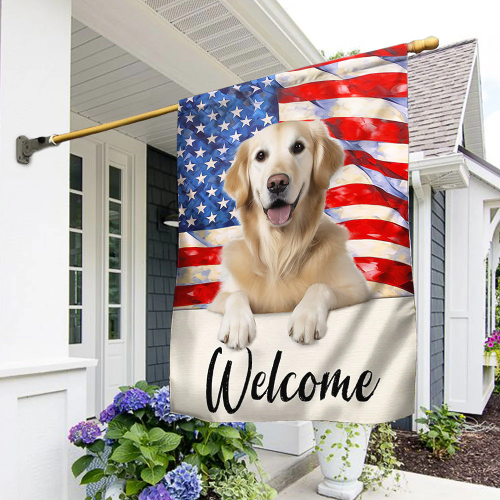 Golden Retriever Dog Welcome American Flag