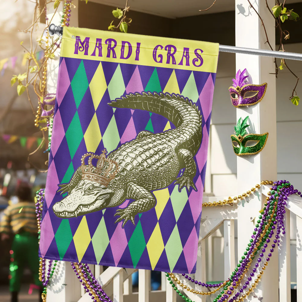Alligator Happy Mardi Gras Grommet Flag, Louisiana Fat Tuesday Flag