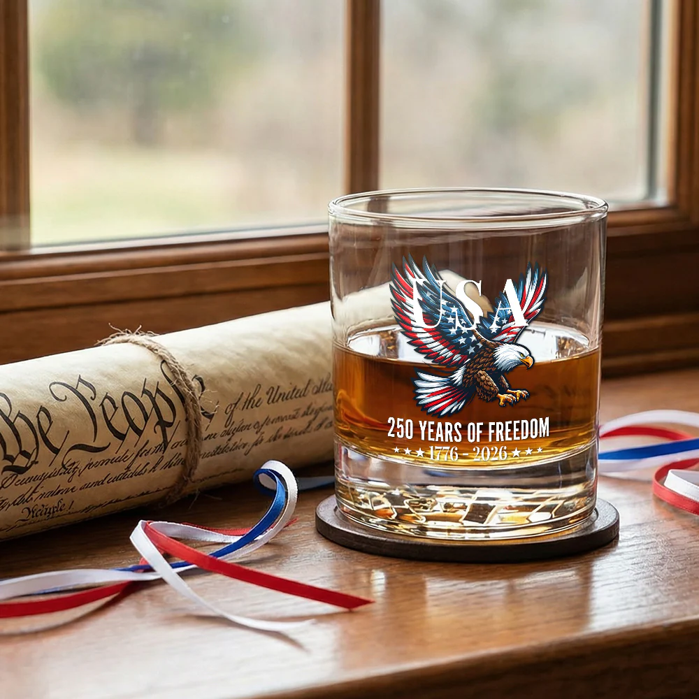250 Years of Freedom American Printed Whiskey Glass for Patriotic Gift