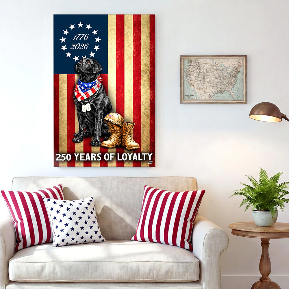 250 Years American Flag with Painting Patriotic Labrador Veteran Canvas Wall Art