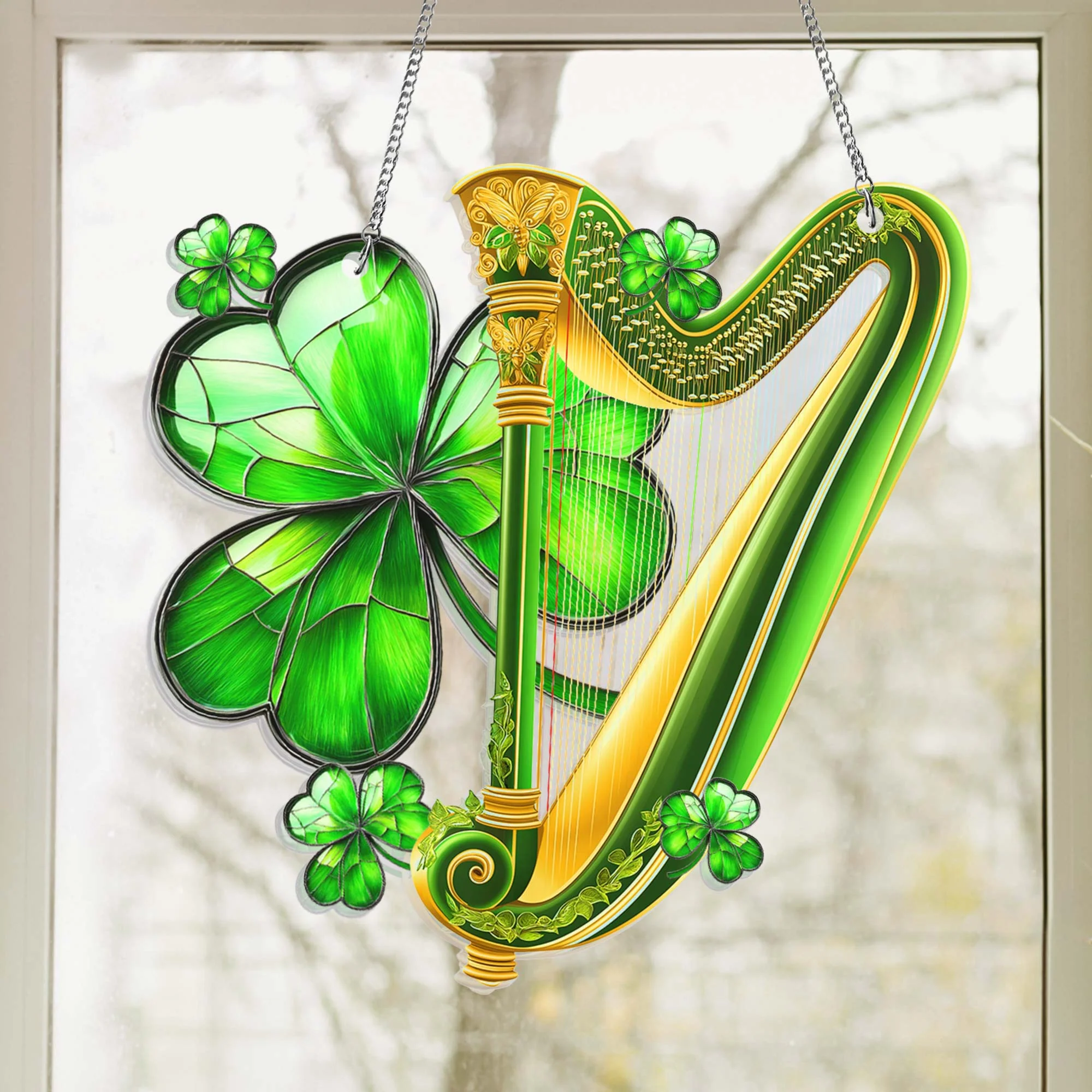 Shamrock and Harp St. Patrick' s Day Suncatcher Hanging Sign