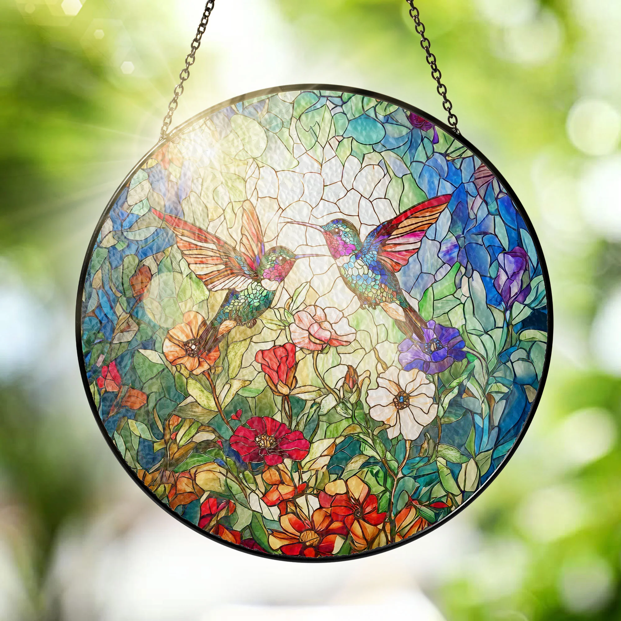 Hummingbirds In Flower Garden Hummingbird Stained Glass Suncatcher
