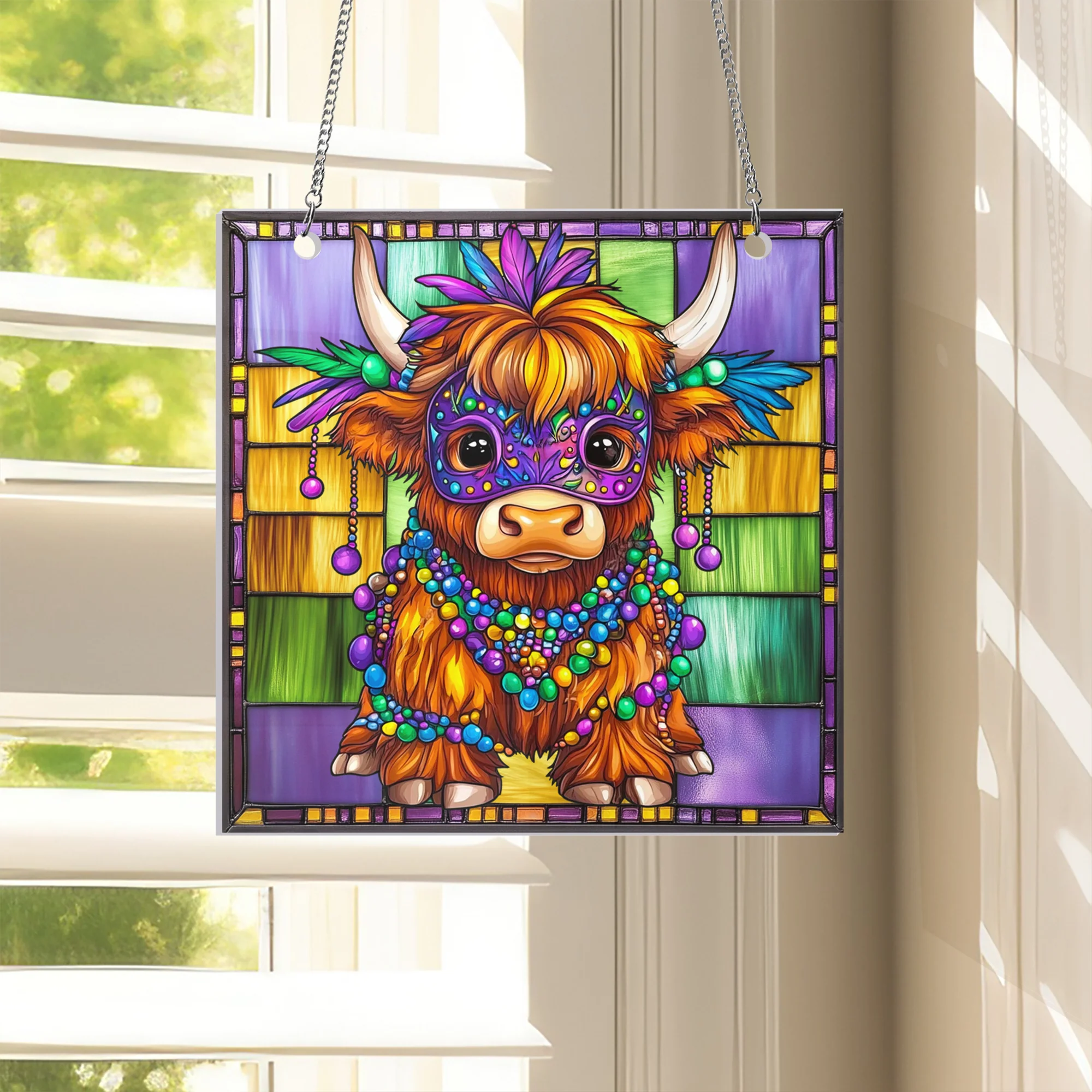 Mardi Gras Highland Cow Acrylic Suncatcher Hanging