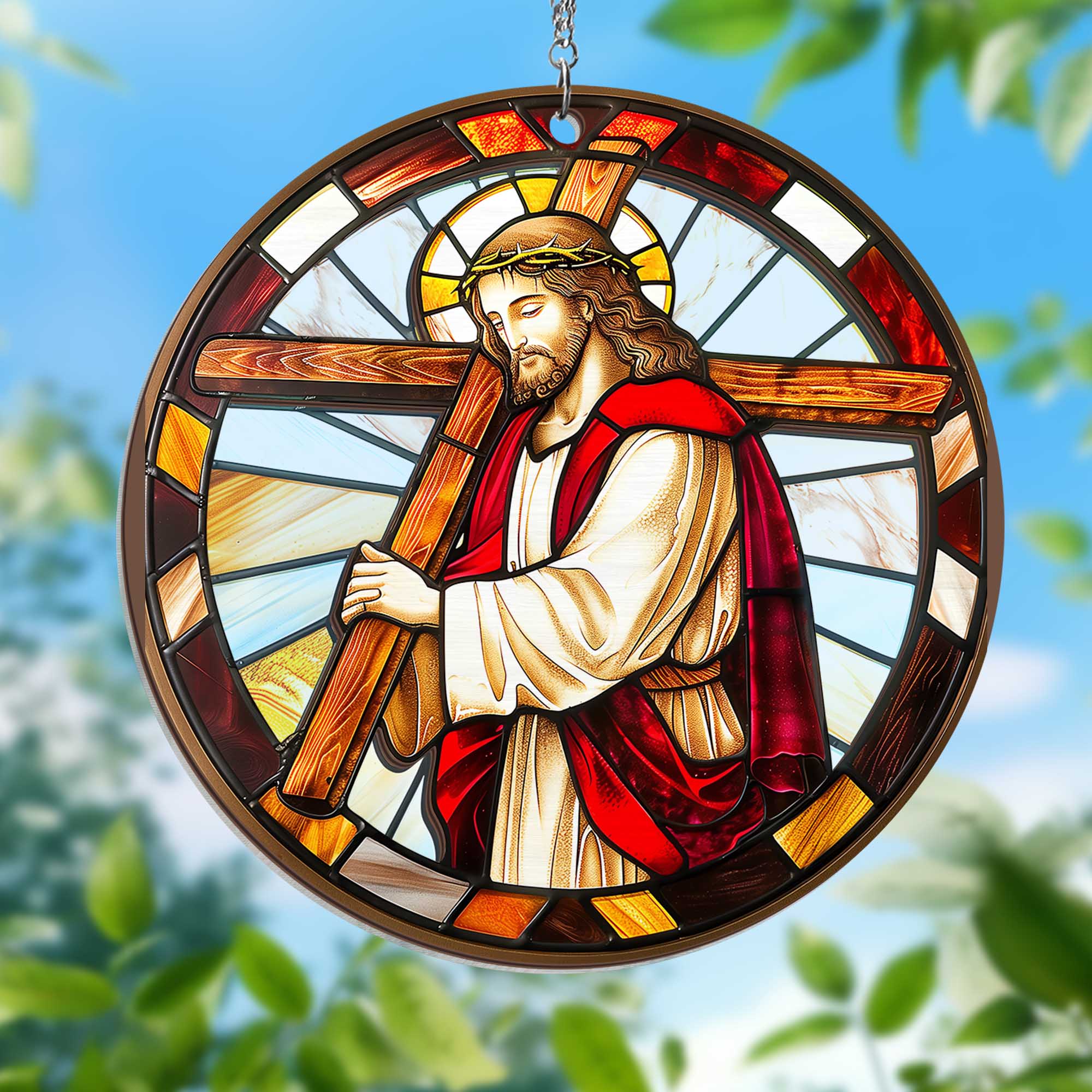 Jesus Holding A Cross 2 Layered Hanging Suncatcher