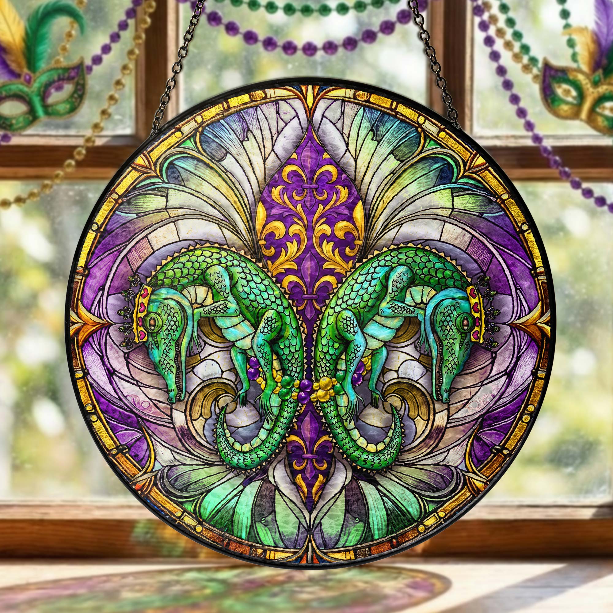 Mardi Gras Suncatcher, Louisiana Fleur De Lis Alligator Window Decor