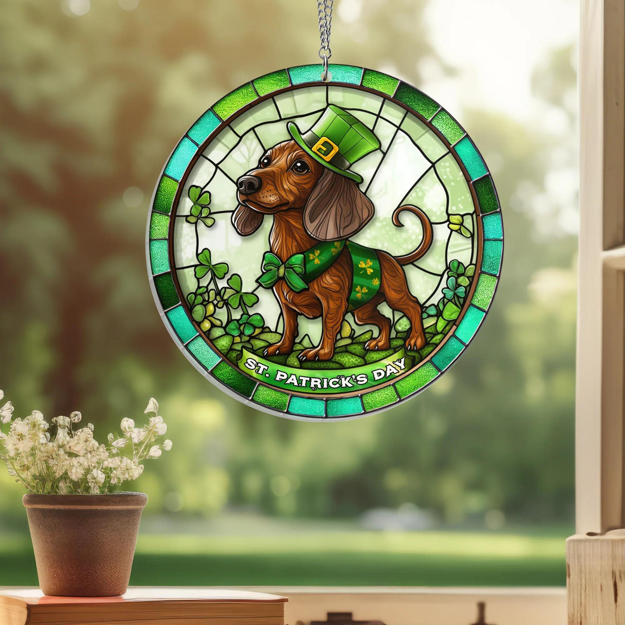 Dachshund Irish Decor Saint Patrick's Day Dachshund Suncatcher Acrylic Hanging
