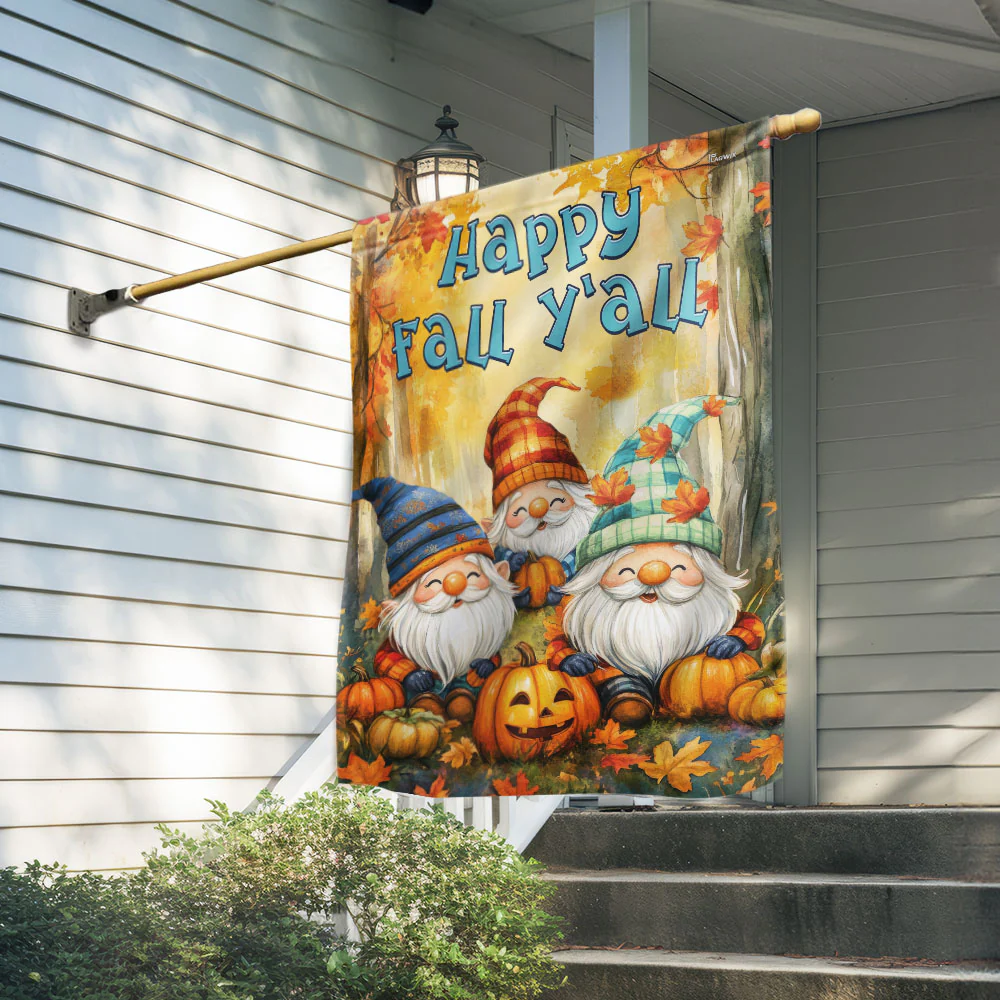 Happy Fall Y’all Gnome Flag – Autumn Pumpkin Garden Canvas Flag for Home Decor
