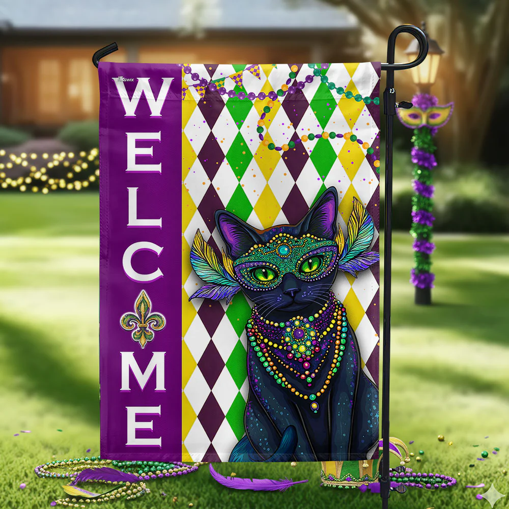 Black Cat Mardi Gras Flag, Happy Mardi Gras with Black Cat Welcome Decor
