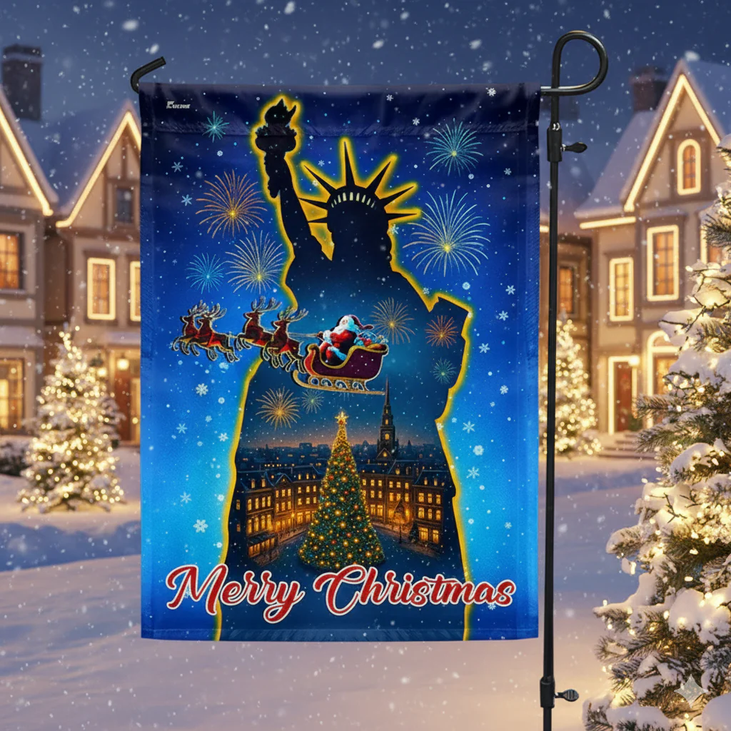 Statue of Liberty Merry Christmas Flag for Patriotic Holiday Decor