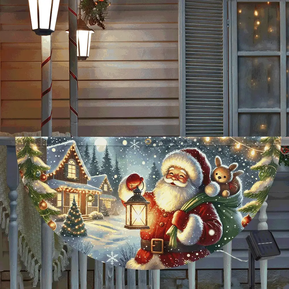 Christmas Joyful Santa Claus Holding Glowing Lantern Winter Xmas Holiday Solar Led Fan Flag