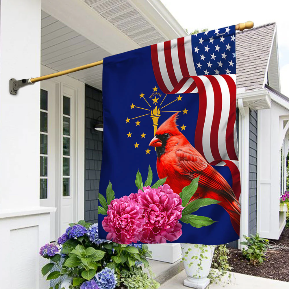 Indiana State Cardinal and Peony Flower Flag MLN1141Fv12