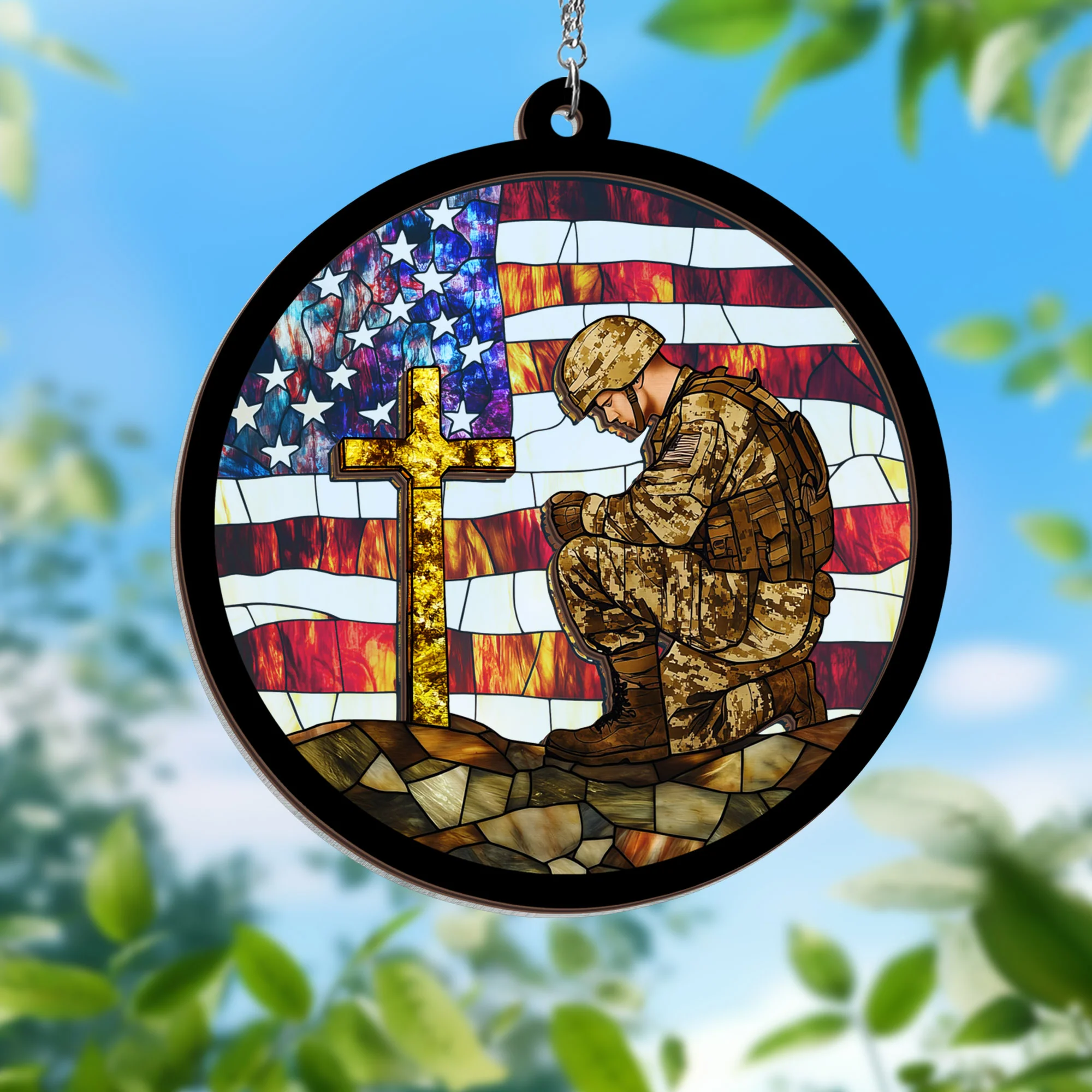 Christmas Ornament, American Flag with Cross Veteran Day 2 Layered Hanging Suncatcher