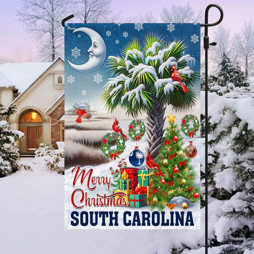 South Carolina Merry Christmas Palm Tree Cardinal Winter Christmas in South Carolina Flag